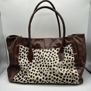 Glenda Gies Animal Hide Fur Brown Leather Shoulder Tote Bag Large Purse